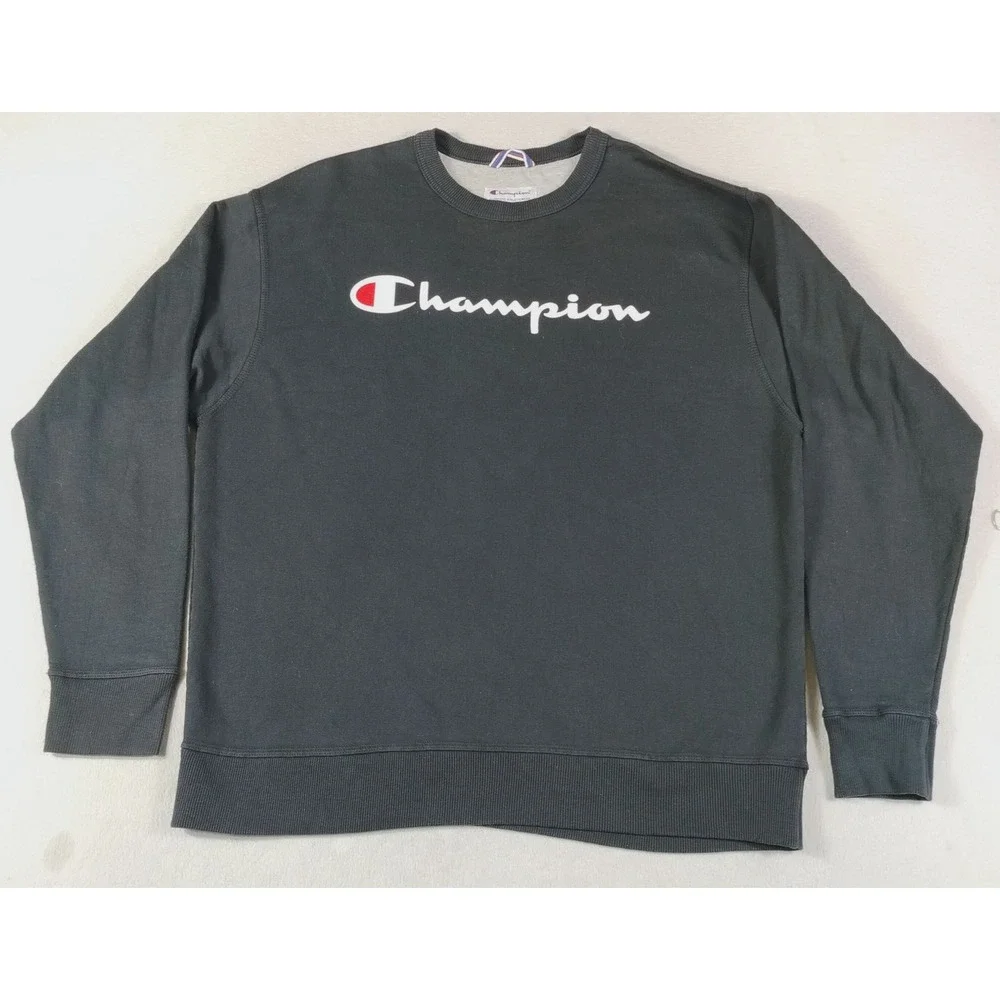 Champion Sweatshirt Mens XL Black Script Logo Fleece Pullover Crewneck Gym